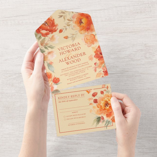 Invitación Todo En Uno Naranja quemado Boda floral (desgarro)