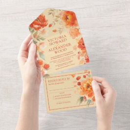 Invitación Todo En Uno Naranja quemado Boda floral