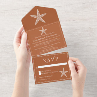 Invitación Todo En Uno Naranja quemado Boda Starfish