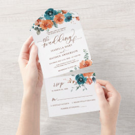 Invitación Todo En Uno Naranja quemado Boda Verde azulado Floral Todo En 
