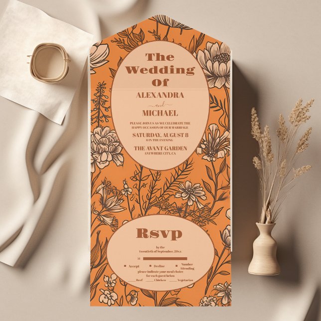 Invitación Todo En Uno Naranja quemado Boda Wildflowers (Subido por el creador)