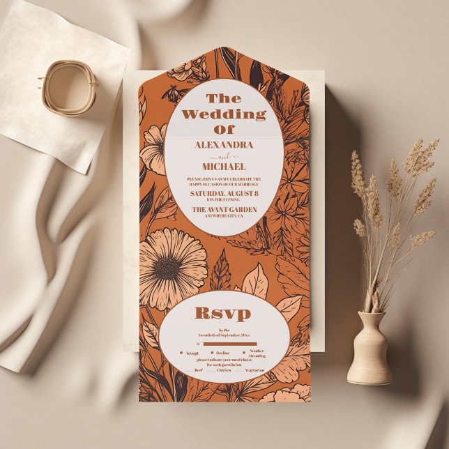 Invitación Todo En Uno Naranja quemado Boda Wildflowers (Subido por el creador)