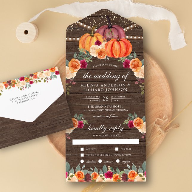Invitación Todo En Uno Naranja quemado Burgundy Floral Calabaza Boda de m (Subido por el creador)