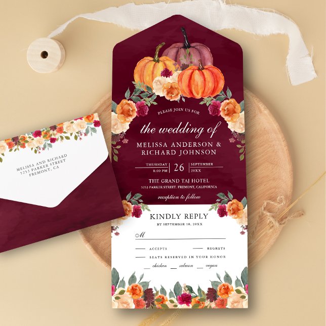 Invitación Todo En Uno Naranja quemado Calabaza floral Boda Borgoña (Subido por el creador)
