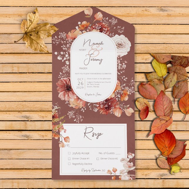 Invitación Todo En Uno Naranja Quemado De Boho Cena Floral De Otoño (Subido por el creador)