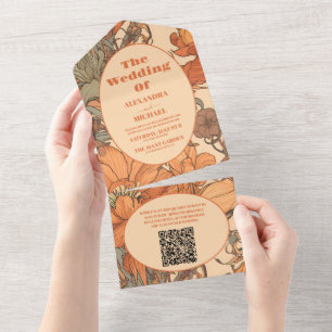Invitación Todo En Uno Naranja Quemado de código QR Boda de Art Nouveau f
