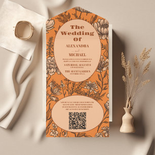 Invitación Todo En Uno Naranja Quemado de código QR Boda de flores silves
