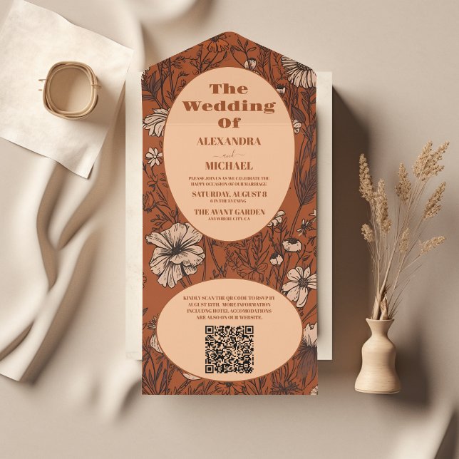Invitación Todo En Uno Naranja Quemado de código QR Boda de flores silves (Subido por el creador)