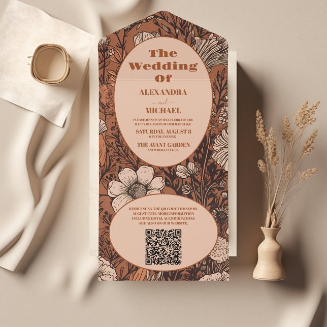 Invitación Todo En Uno Naranja Quemado de código QR Boda de flores silves (Subido por el creador)