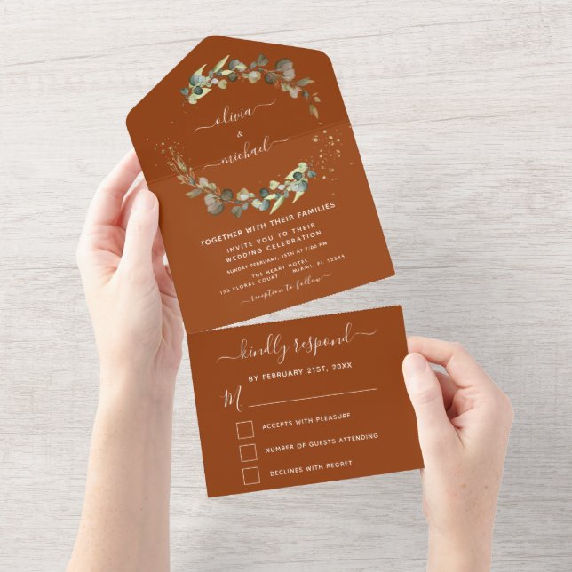 Invitación Todo En Uno Naranja quemado Eucalyptus Greenery Boda Elegante (desgarro)