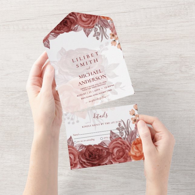 Invitación Todo En Uno Naranja Quemado FALL BODA Botánico Floral (desgarro)