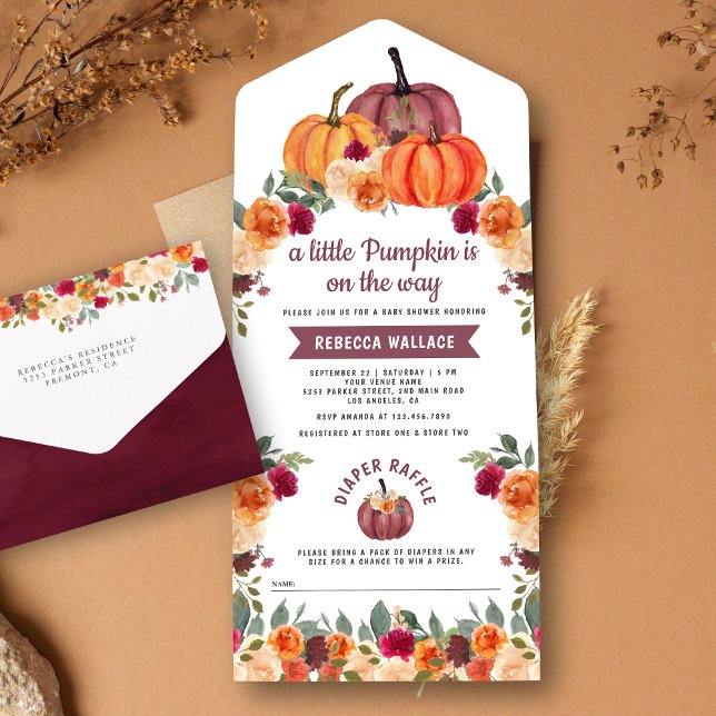 Invitación Todo En Uno Naranja quemado Floral Burgundy Pumpkin Baby Showe (Subido por el creador)