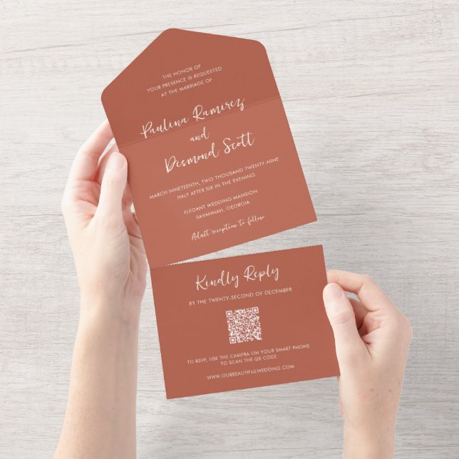 Invitación Todo En Uno Naranja quemado moderno Código QR Boda simple (desgarro)