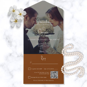 Invitación Todo En Uno Naranja quemado moderno Rust Elegant Photo QR Code