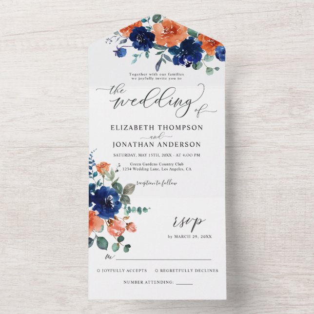 Invitación Todo En Uno Naranja quemado Navy Real Boda Azul detalles RSVP (Interior)