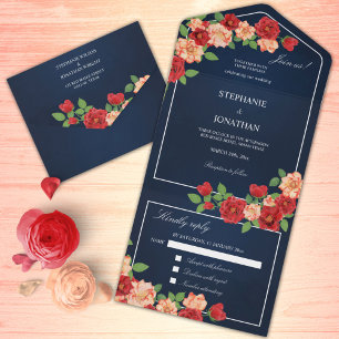 Invitación Todo En Uno Naranja quemado Rojo Rosa Floral Marina Azul acuar