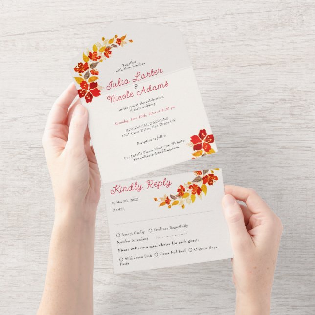Invitación Todo En Uno Naranja quemado Tropical Hibiscus Florals Boda (desgarro)