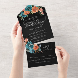 Invitación Todo En Uno Naranja quemado Verde azulado Floral Black Elegant