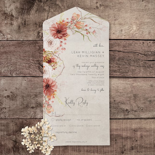 Invitación Todo En Uno Naranja quemado y cena floral de Cream Boho (Burnt Orange & Cream Boho Floral All in One Wedding Invitation with Dinner Options)
