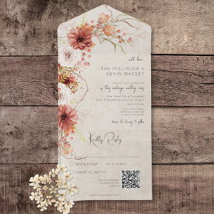 Invitación Todo En Uno Naranja quemado y código QR floral de Cream Boho