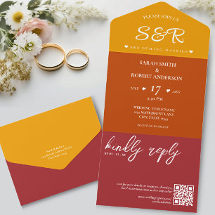 Invitación Todo En Uno Naranja retro Borgoña Boda de código QR