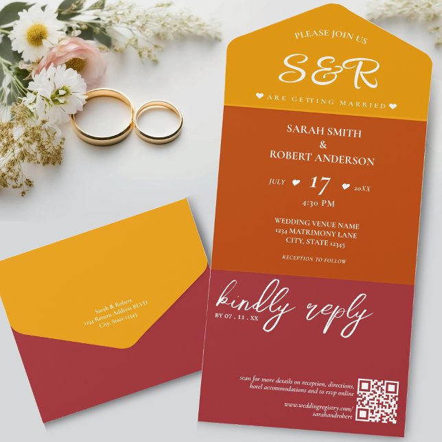 Invitación Todo En Uno Naranja retro Borgoña Boda de código QR (Retro Orange Burgundy QR Code Wedding All In One Invitation)