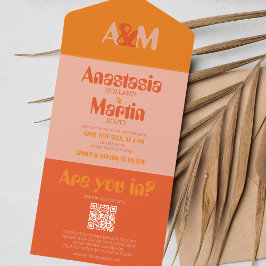 Invitación Todo En Uno Naranja Retro Groovy 70s Boda audaz QR