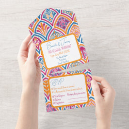 Invitación Todo En Uno Naranja rosa Boda de ventilador de decoración Verd