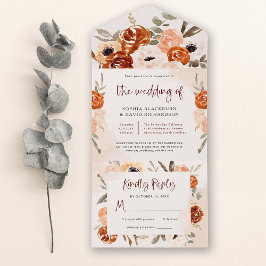 Invitación Todo En Uno Naranja ruso Boho | Boda Rubor de acuarela