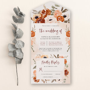 Invitación Todo En Uno Naranja ruso Boho   Boda Rubor de acuarela