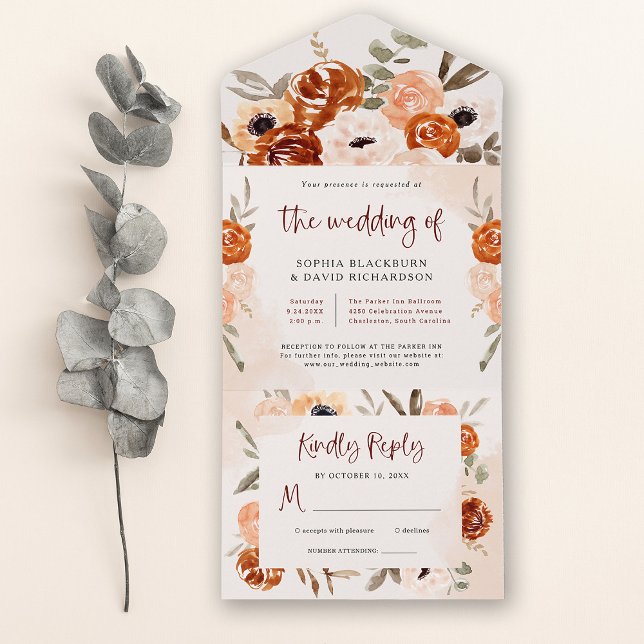 Invitación Todo En Uno Naranja ruso Boho | Boda Rubor de acuarela (Subido por el creador)