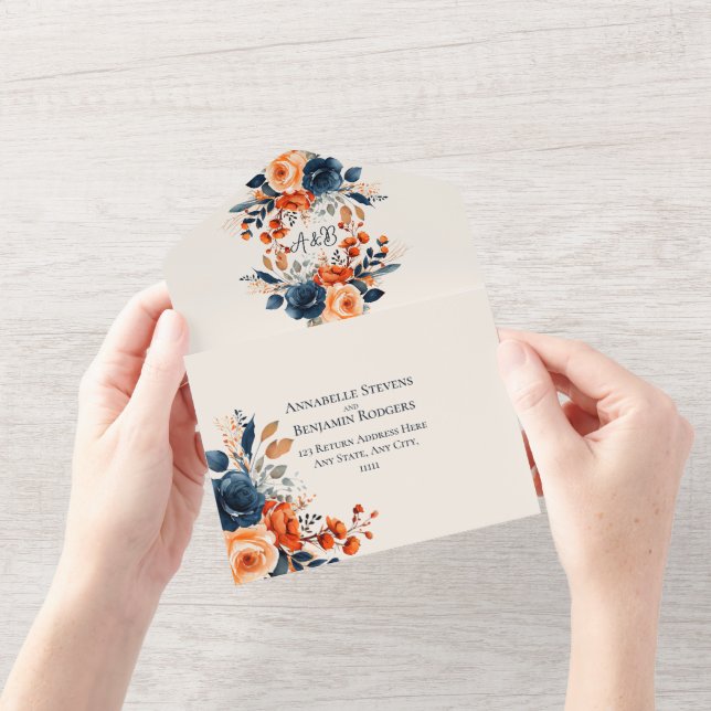 Invitación Todo En Uno Naranja Rústico Quemado y Boda Floral Azul (Apertura)