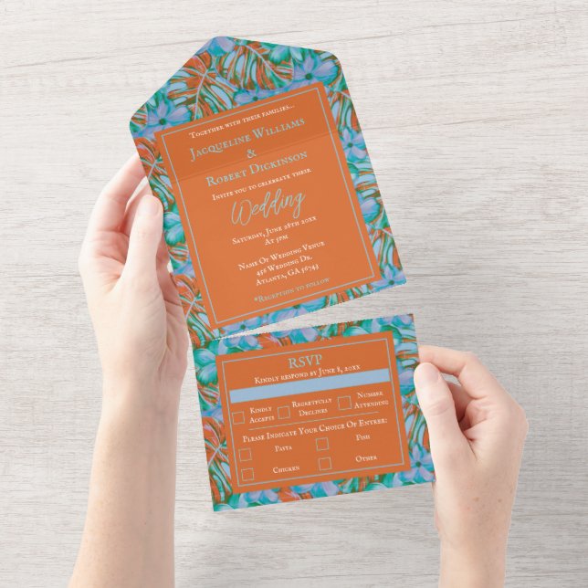 Invitación Todo En Uno Naranja tropical y Boda floral azul (desgarro)