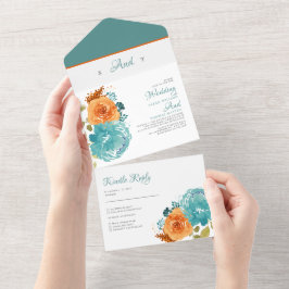 Invitación Todo En Uno Naranja verde azulado Caída Floral Terracotta Boho
