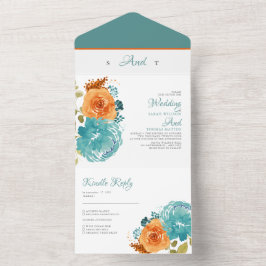 Invitación Todo En Uno Naranja verde azulado Caída Floral Terracotta Boho