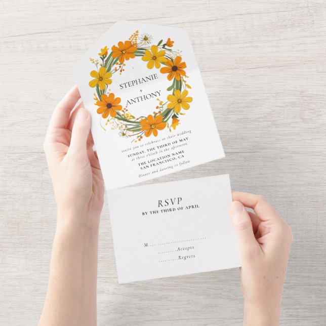 Invitación Todo En Uno Naranja y Boda de flores silvestres amarillas (desgarro)
