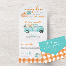 Invitación Todo En Uno Naranja y camión de calabaza turquesa Baby Shower