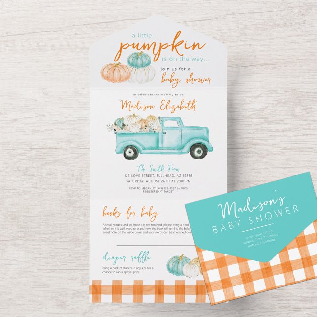 Invitación Todo En Uno Naranja y camión de calabaza turquesa Baby Shower (Subido por el creador)