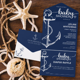Invitación Todo En Uno Nautical Anchor Baby Shower Diaper Raffle Navy