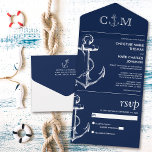 Invitación Todo En Uno Nautical Anchor Boda Navy Blue<br><div class="desc">Estas invitaciones a la Boda Náutica de Ancla con presupuesto ajustado están diseñadas con una tarjeta postal RSVP perforada fácil de romper. Simplemente dobla cada tarjeta en la forma delineada y luego sella y envía - no se necesita ningún sobre para el envío.</div>