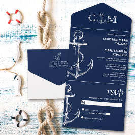 Invitación Todo En Uno Nautical Anchor Boda Navy Blue