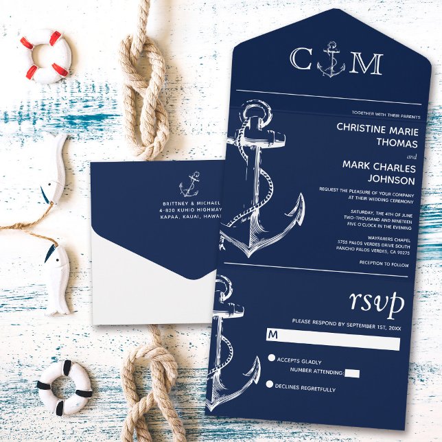 Invitación Todo En Uno Nautical Anchor Boda Navy Blue (Subido por el creador)