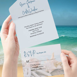 Invitación Todo En Uno Nautical Blue Water Shells Beach Wedding