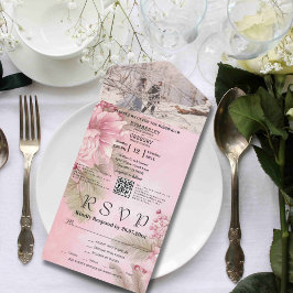 Invitación Todo En Uno Navidades Berry Floral de invierno rosa Código QR 