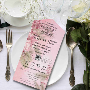 Invitación Todo En Uno Navidades Berry Floral de invierno rosa Código QR 