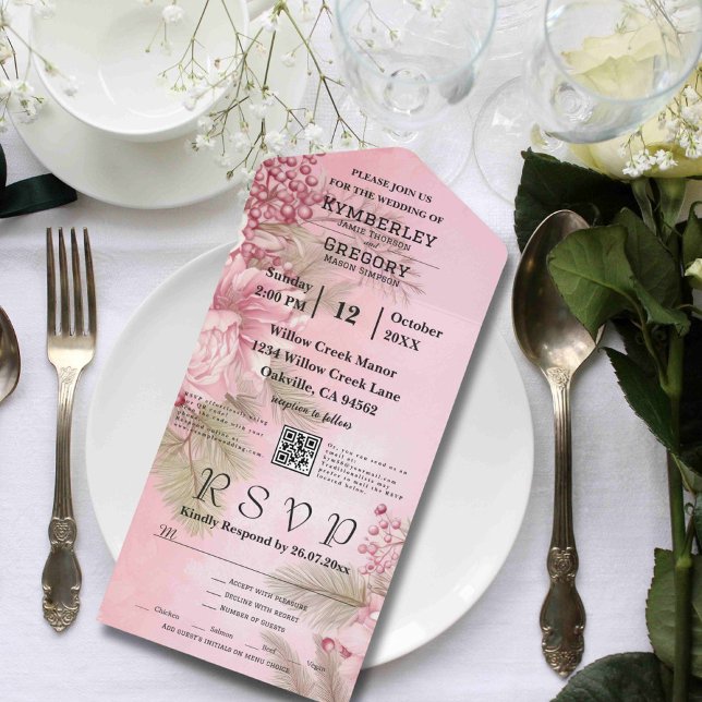 Invitación Todo En Uno Navidades Berry Floral de invierno rosa Código QR  (Subido por el creador)