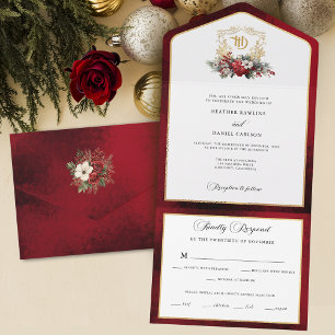 Invitación Todo En Uno Navidades clásicos Escudo floral Monograma Boda