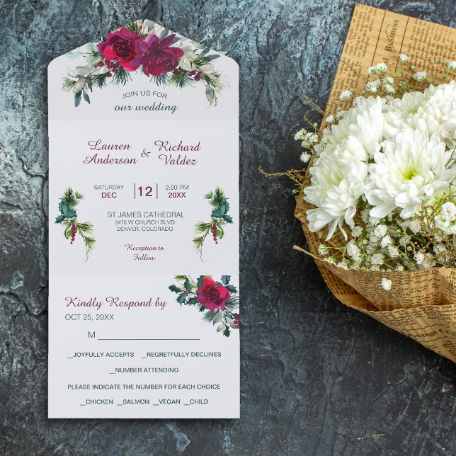 Invitación Todo En Uno Navidades De Crimson Rose Bouquet Boda Todo En Uno (Subido por el creador)