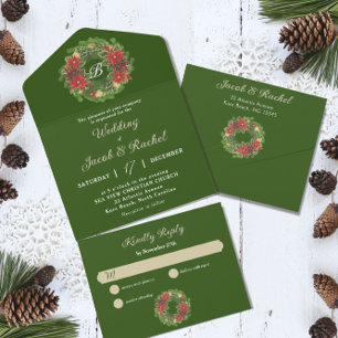 Invitación Todo En Uno Navidades de monograma Wreath Poinsettias Boda