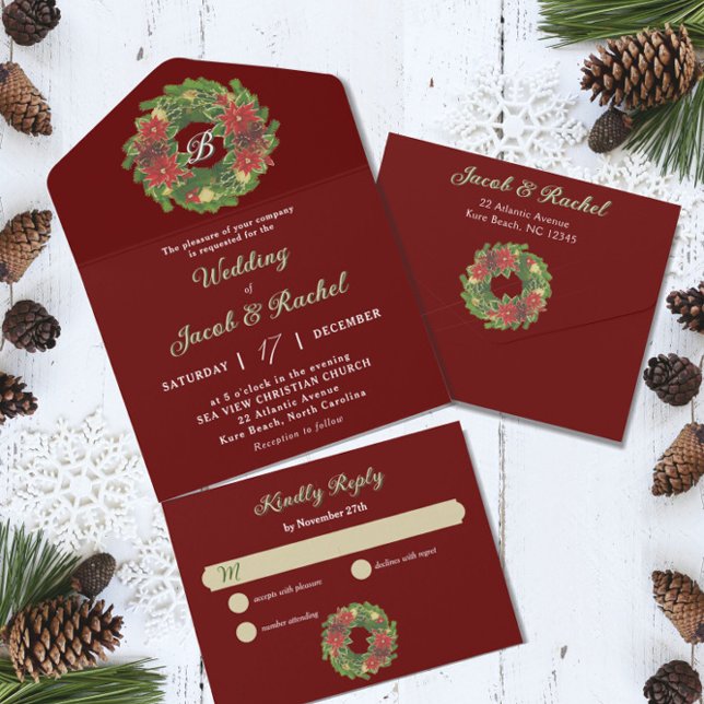 Invitación Todo En Uno Navidades de monograma Wreath Poinsettias Boda roj (Subido por el creador)